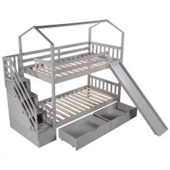 Gray Twin Kids Bunk Bed with Slide and Staircases, Wood Playhouse Bunk Bed Frame with Steps and 2 Drawers by ANBAZAR 14 Gray Twin Kids Bunk Bed with Slide and Staircases, Wood Playhouse Bunk Bed Frame with Steps and 2 Drawers by ANBAZAR -ANBAZAR Sales gray anbazar bunk beds 01863anna e 44 1000