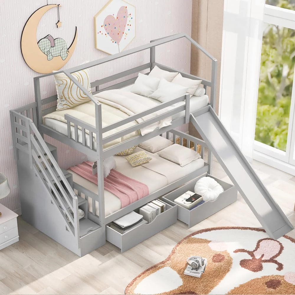 Gray Twin Kids Bunk Bed with Slide and Staircases, Wood Playhouse Bunk Bed Frame with Steps and 2 Drawers by ANBAZAR 1 Gray Twin Kids Bunk Bed with Slide and Staircases, Wood Playhouse Bunk Bed Frame with Steps and 2 Drawers by ANBAZAR