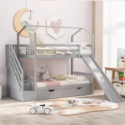 Gray Twin Kids Bunk Bed with Slide and Staircases, Wood Playhouse Bunk Bed Frame with Steps and 2 Drawers by ANBAZAR 11 Gray Twin Kids Bunk Bed with Slide and Staircases, Wood Playhouse Bunk Bed Frame with Steps and 2 Drawers by ANBAZAR -ANBAZAR Sales gray anbazar bunk beds 01863anna e c3 1000