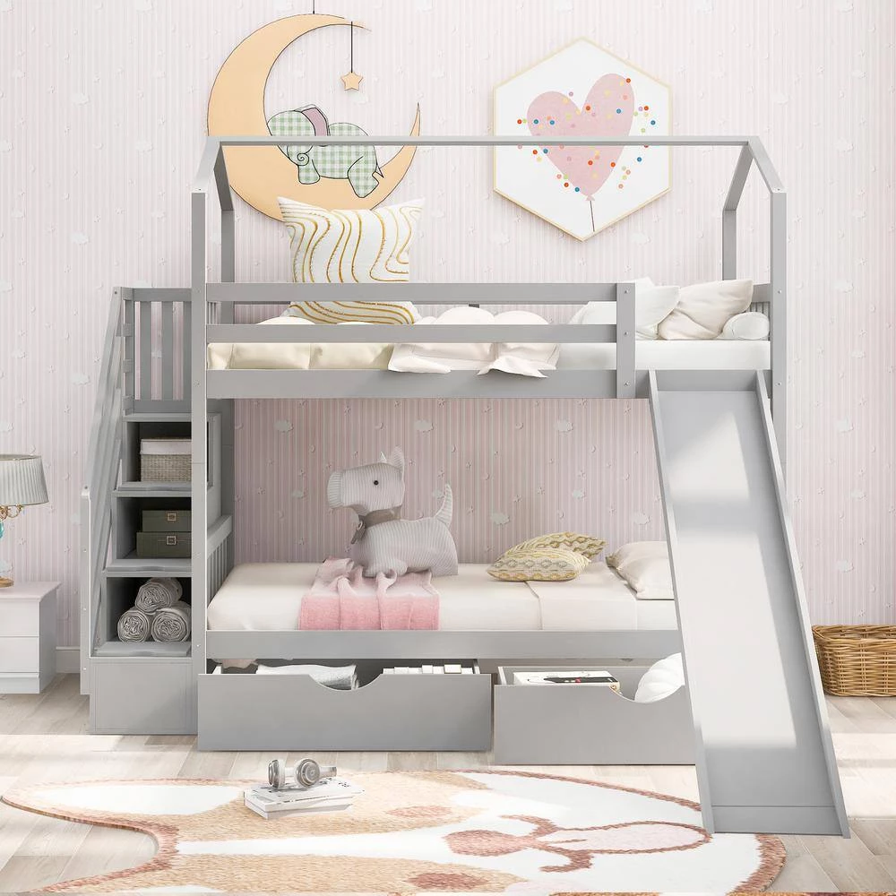 Gray Twin Kids Bunk Bed with Slide and Staircases, Wood Playhouse Bunk Bed Frame with Steps and 2 Drawers by ANBAZAR 2 Gray Twin Kids Bunk Bed with Slide and Staircases, Wood Playhouse Bunk Bed Frame with Steps and 2 Drawers by ANBAZAR - Image 2