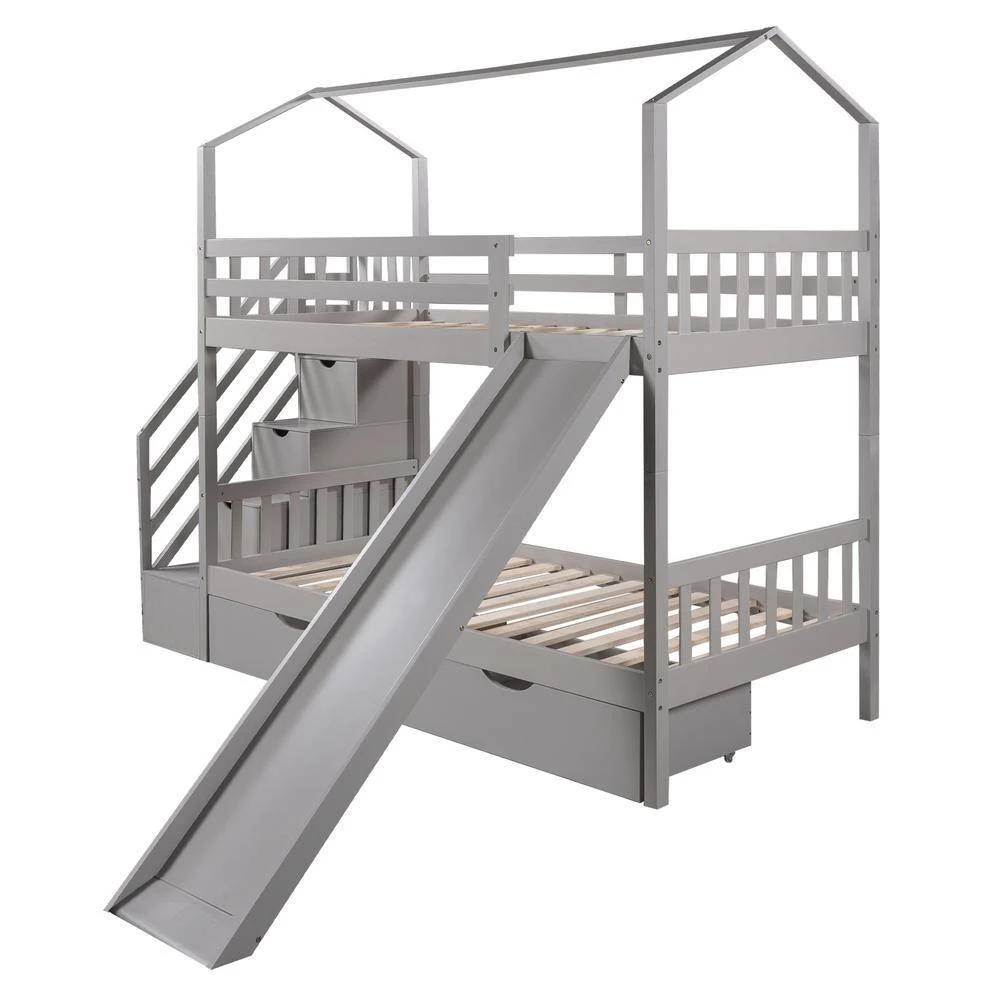 Gray Twin Kids Bunk Bed with Slide and Staircases, Wood Playhouse Bunk Bed Frame with Steps and 2 Drawers by ANBAZAR 7 Gray Twin Kids Bunk Bed with Slide and Staircases, Wood Playhouse Bunk Bed Frame with Steps and 2 Drawers by ANBAZAR - Image 7