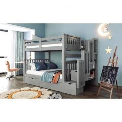 Full Bunk Bed with Stairs and 6 Storage Drawers, Solid Wood Bunk Bed with Storage Drawers, Gray by ANBAZAR -ANBAZAR Sales gray anbazar bunk beds ff118 e 31 1000