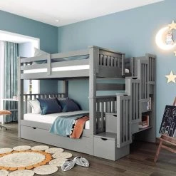 Full Bunk Bed with Stairs and 6 Storage Drawers, Solid Wood Bunk Bed with Storage Drawers, Gray by ANBAZAR -ANBAZAR Sales gray anbazar bunk beds ff118 e 40 1000