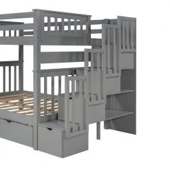 Full Bunk Bed with Stairs and 6 Storage Drawers, Solid Wood Bunk Bed with Storage Drawers, Gray by ANBAZAR -ANBAZAR Sales gray anbazar bunk beds ff118 e 44 1000