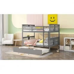 Full Over Full Bunk Beds with Trundle for Kids Teens Adult, Detachable Wood Full Bunk Bed Frame Gray by ANBAZAR -ANBAZAR Sales gray anbazar bunk beds ff79 e 31 1000