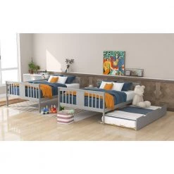 Full Over Full Bunk Beds with Trundle for Kids Teens Adult, Detachable Wood Full Bunk Bed Frame Gray by ANBAZAR -ANBAZAR Sales gray anbazar bunk beds ff79 e 4f 1000