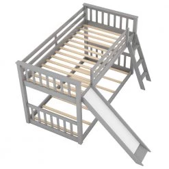Gray Twin Bunk Bed with Convertible Slide and Ladder, Floor Bunk Beds for Kids, No Box Spring Needed by ANBAZAR -ANBAZAR Sales gray anbazar bunk beds wkx17 gy 44 1000