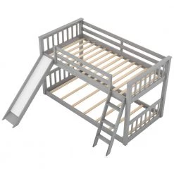 Gray Twin Bunk Bed with Convertible Slide and Ladder, Floor Bunk Beds for Kids, No Box Spring Needed by ANBAZAR