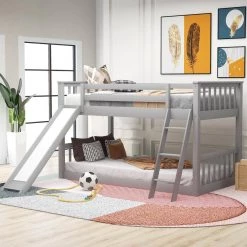 Gray Twin Bunk Bed with Convertible Slide and Ladder, Floor Bunk Beds for Kids, No Box Spring Needed by ANBAZAR -ANBAZAR Sales gray anbazar bunk beds wkx17 gy c3 1000