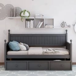 Gray Twin Size Wood Daybed with Three Drawers, Sturdy Modern Sofa Bed Daybed Frame, No Box Spring Needed by ANBAZAR