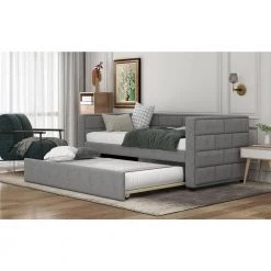 Gray Wood Twin Size Daybed with Trundle, Twin Upholstered Daybed Sofa Bed with Padded Back for Living Room by ANBAZAR -ANBAZAR Sales gray anbazar daybeds 01009anna 31 1000