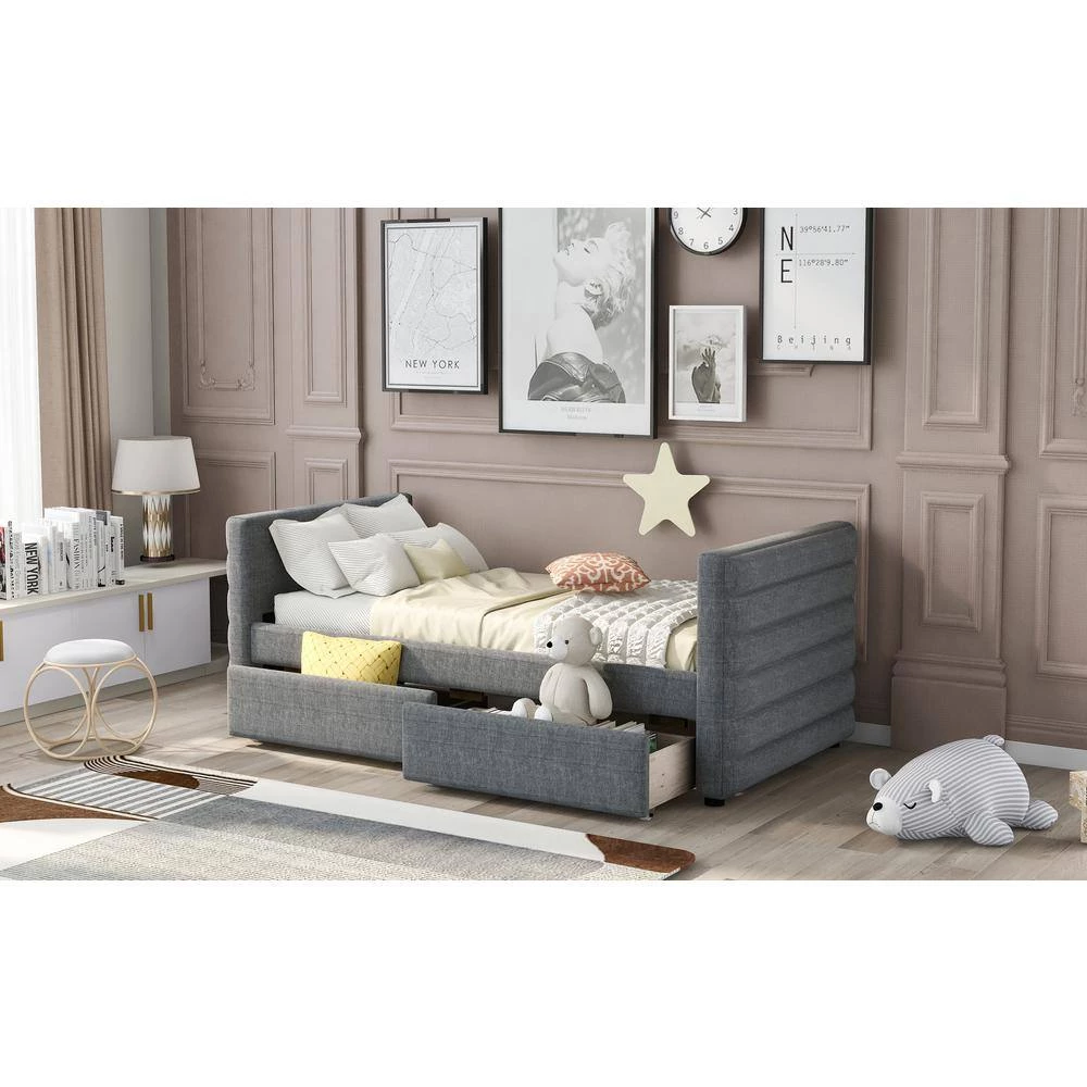 Modern Gray Linen Upholstered Daybed With Two Drawers, Twin Size Daybed Frame Sofa Bed, No Box Spring Needed by ANBAZAR 9 Modern Gray Linen Upholstered Daybed With Two Drawers, Twin Size Daybed Frame Sofa Bed, No Box Spring Needed by ANBAZAR - Image 9