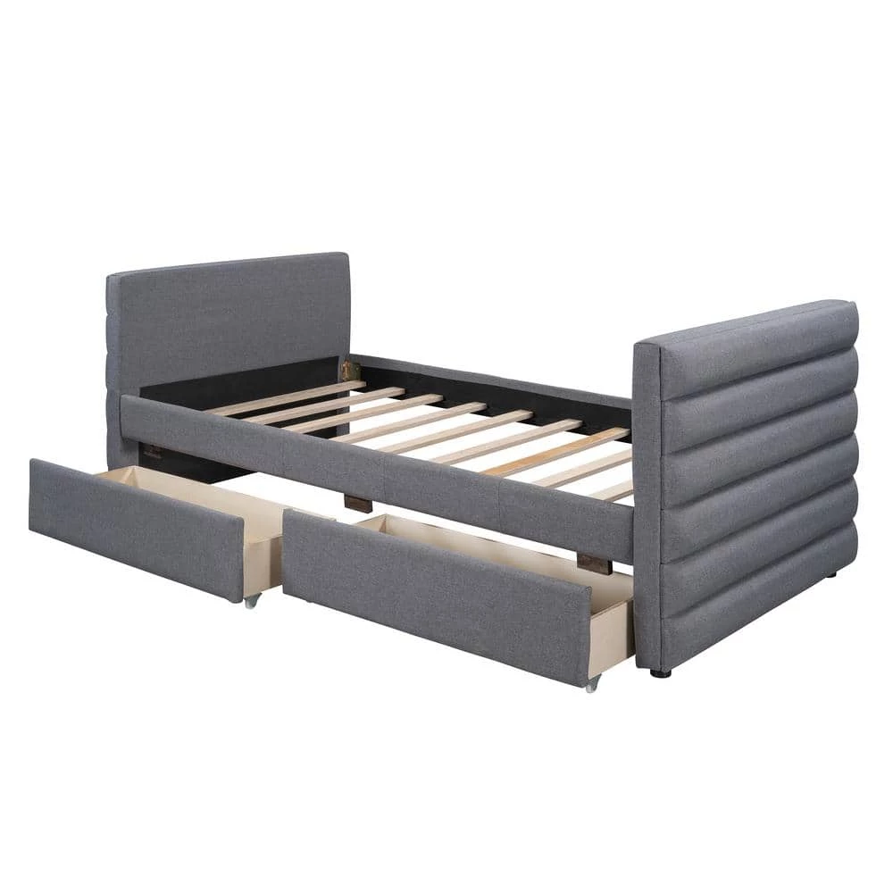Modern Gray Linen Upholstered Daybed With Two Drawers, Twin Size Daybed Frame Sofa Bed, No Box Spring Needed by ANBAZAR 1 Modern Gray Linen Upholstered Daybed With Two Drawers, Twin Size Daybed Frame Sofa Bed, No Box Spring Needed by ANBAZAR