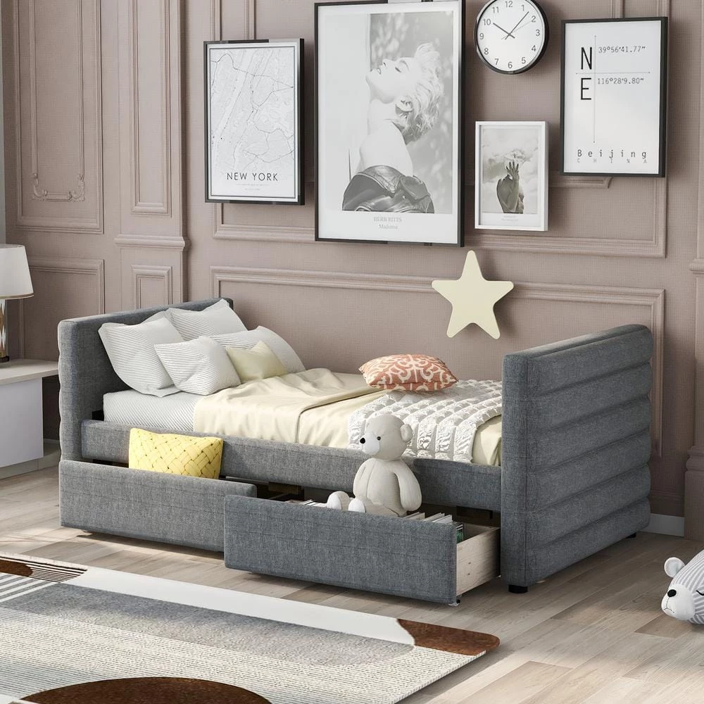 Modern Gray Linen Upholstered Daybed With Two Drawers, Twin Size Daybed Frame Sofa Bed, No Box Spring Needed by ANBAZAR 2 Modern Gray Linen Upholstered Daybed With Two Drawers, Twin Size Daybed Frame Sofa Bed, No Box Spring Needed by ANBAZAR - Image 2