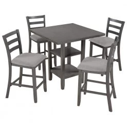 5-Piece Gray Wooden Counter Height Dining Table Set Seats 4, Square Table Set with 4 Padded Chairs and 2-Tier Shelves by ANBAZAR -ANBAZAR Sales gray anbazar dining room sets 01667anna e 4f 1000