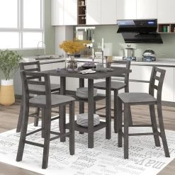 5-Piece Gray Wooden Counter Height Dining Table Set Seats 4, Square Table Set with 4 Padded Chairs and 2-Tier Shelves by ANBAZAR
