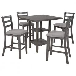 5-Piece Gray Wooden Counter Height Dining Table Set Seats 4, Square Table Set with 4 Padded Chairs and 2-Tier Shelves by ANBAZAR -ANBAZAR Sales gray anbazar dining room sets 01667anna e c3 1000