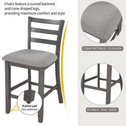 5-Piece Gray Wooden Counter Height Dining Table Set Seats 4, Square Table Set with 4 Padded Chairs and 2-Tier Shelves by ANBAZAR -ANBAZAR Sales gray anbazar dining room sets 01667anna e fa 1000