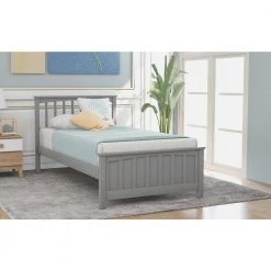 Twin Size Gray Platform Bed Frame with Wood Slats Twin Size Kid Bed Frame with Headboard No Box Spring Required by ANBAZAR -ANBAZAR Sales gray anbazar kids beds 00290anna 31 1000