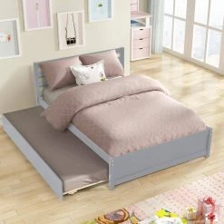 Gray Full Size Wood Kids Platform Bed with Trundle, Wooden Platform Bed Frame with Headboard and Wood Support Slats by ANBAZAR -ANBAZAR Sales gray anbazar kids beds 01568anna e 31 1000
