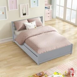 Gray Full Size Wood Kids Platform Bed with Trundle, Wooden Platform Bed Frame with Headboard and Wood Support Slats by ANBAZAR