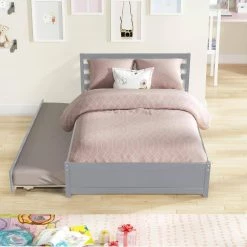 Gray Full Size Wood Kids Platform Bed with Trundle, Wooden Platform Bed Frame with Headboard and Wood Support Slats by ANBAZAR -ANBAZAR Sales gray anbazar kids beds 01568anna e c3 1000