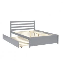 Gray Full Size Wood Kids Platform Bed with Trundle, Wooden Platform Bed Frame with Headboard and Wood Support Slats by ANBAZAR -ANBAZAR Sales gray anbazar kids beds 01568anna e fa 1000