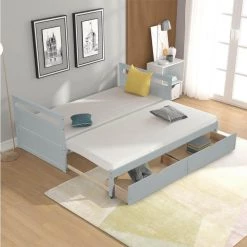 Gray Extendable Twin Size Platform Bed with Two Drawers, Solid Wood Twin/King Size Foldable Daybed with Roll Out Trundle by ANBAZAR -ANBAZAR Sales gray anbazar kids beds 01572anna e 31 1000