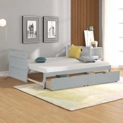 Gray Extendable Twin Size Platform Bed with Two Drawers, Solid Wood Twin/King Size Foldable Daybed with Roll Out Trundle by ANBAZAR -ANBAZAR Sales gray anbazar kids beds 01572anna e c3 1000