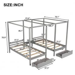 Gray Two Twin Size Canopy Beds with 2 Drawers and Build-in Desk, Wood Double Shared 4-Post Platform Bed Frame for Kids by ANBAZAR -ANBAZAR Sales gray anbazar kids beds 01697anna e 1f 1000