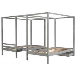 Gray Two Twin Size Canopy Beds with 2 Drawers and Build-in Desk, Wood Double Shared 4-Post Platform Bed Frame for Kids by ANBAZAR -ANBAZAR Sales gray anbazar kids beds 01697anna e 44 1000