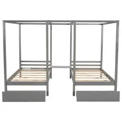 Gray Two Twin Size Canopy Beds with 2 Drawers and Build-in Desk, Wood Double Shared 4-Post Platform Bed Frame for Kids by ANBAZAR -ANBAZAR Sales gray anbazar kids beds 01697anna e 4f 1000