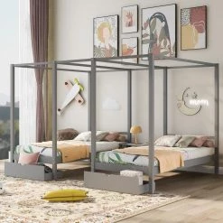 Gray Two Twin Size Canopy Beds with 2 Drawers and Build-in Desk, Wood Double Shared 4-Post Platform Bed Frame for Kids by ANBAZAR