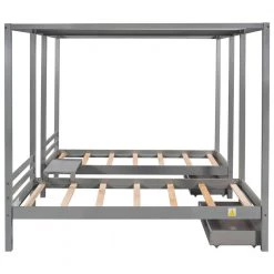 Gray Two Twin Size Canopy Beds with 2 Drawers and Build-in Desk, Wood Double Shared 4-Post Platform Bed Frame for Kids by ANBAZAR -ANBAZAR Sales gray anbazar kids beds 01697anna e 76 1000