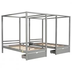 Gray Two Twin Size Canopy Beds with 2 Drawers and Build-in Desk, Wood Double Shared 4-Post Platform Bed Frame for Kids by ANBAZAR -ANBAZAR Sales gray anbazar kids beds 01697anna e fa 1000