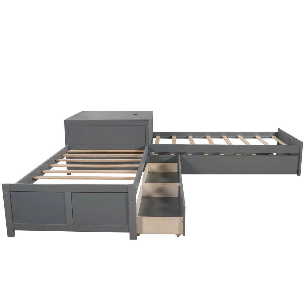 L Shaped Platform Beds Frame with Trundle and Drawers, 3 Twin Beds in One with Square Table for Kids, Grey by ANBAZAR 8 L Shaped Platform Beds Frame with Trundle and Drawers, 3 Twin Beds in One with Square Table for Kids, Grey by ANBAZAR - Image 8