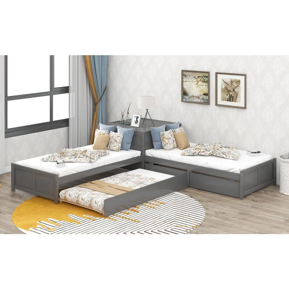 L Shaped Platform Beds Frame with Trundle and Drawers, 3 Twin Beds in One with Square Table for Kids, Grey by ANBAZAR 11 L Shaped Platform Beds Frame with Trundle and Drawers, 3 Twin Beds in One with Square Table for Kids, Grey by ANBAZAR - Image 11
