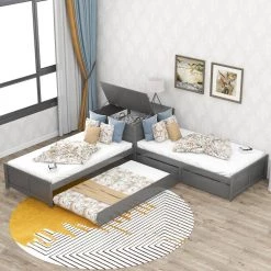 L Shaped Platform Beds Frame with Trundle and Drawers, 3 Twin Beds in One with Square Table for Kids, Grey by ANBAZAR 19 L Shaped Platform Beds Frame with Trundle and Drawers, 3 Twin Beds in One with Square Table for Kids, Grey by ANBAZAR -ANBAZAR Sales gray anbazar kids beds ff05 e 44 1000