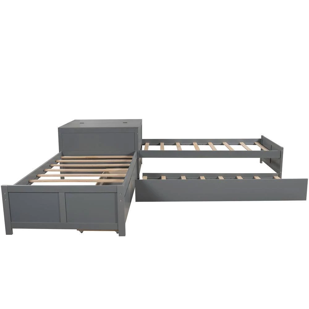 L Shaped Platform Beds Frame with Trundle and Drawers, 3 Twin Beds in One with Square Table for Kids, Grey by ANBAZAR 7 L Shaped Platform Beds Frame with Trundle and Drawers, 3 Twin Beds in One with Square Table for Kids, Grey by ANBAZAR - Image 7