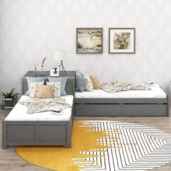 L Shaped Platform Beds Frame with Trundle and Drawers, 3 Twin Beds in One with Square Table for Kids, Grey by ANBAZAR