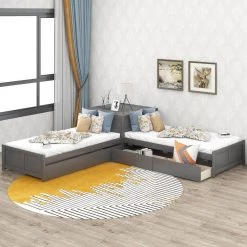 L Shaped Platform Beds Frame with Trundle and Drawers, 3 Twin Beds in One with Square Table for Kids, Grey by ANBAZAR 20 L Shaped Platform Beds Frame with Trundle and Drawers, 3 Twin Beds in One with Square Table for Kids, Grey by ANBAZAR -ANBAZAR Sales gray anbazar kids beds ff05 e fa 1000