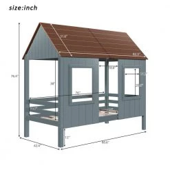Twin Size Gray Wood Low Loft Bed, Wood Toddler House Bed Frame with Two Front Windows and Roof by ANBAZAR -ANBAZAR Sales gray anbazar loft beds 00380anna 1f 1000