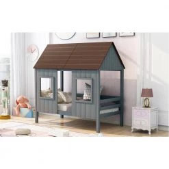 Twin Size Gray Wood Low Loft Bed, Wood Toddler House Bed Frame with Two Front Windows and Roof by ANBAZAR -ANBAZAR Sales gray anbazar loft beds 00380anna 31 1000