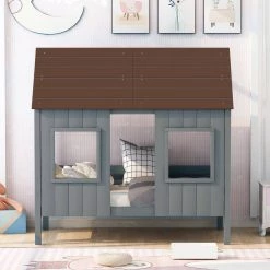 Twin Size Gray Wood Low Loft Bed, Wood Toddler House Bed Frame with Two Front Windows and Roof by ANBAZAR -ANBAZAR Sales gray anbazar loft beds 00380anna 40 1000