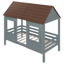 Twin Size Gray Wood Low Loft Bed, Wood Toddler House Bed Frame with Two Front Windows and Roof by ANBAZAR