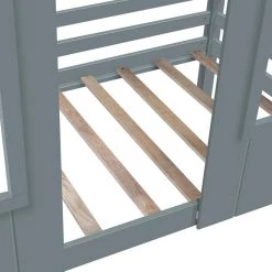 Twin Size Gray Wood Low Loft Bed, Wood Toddler House Bed Frame with Two Front Windows and Roof by ANBAZAR -ANBAZAR Sales gray anbazar loft beds 00380anna 76 1000