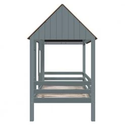 Twin Size Gray Wood Low Loft Bed, Wood Toddler House Bed Frame with Two Front Windows and Roof by ANBAZAR -ANBAZAR Sales gray anbazar loft beds 00380anna fa 1000