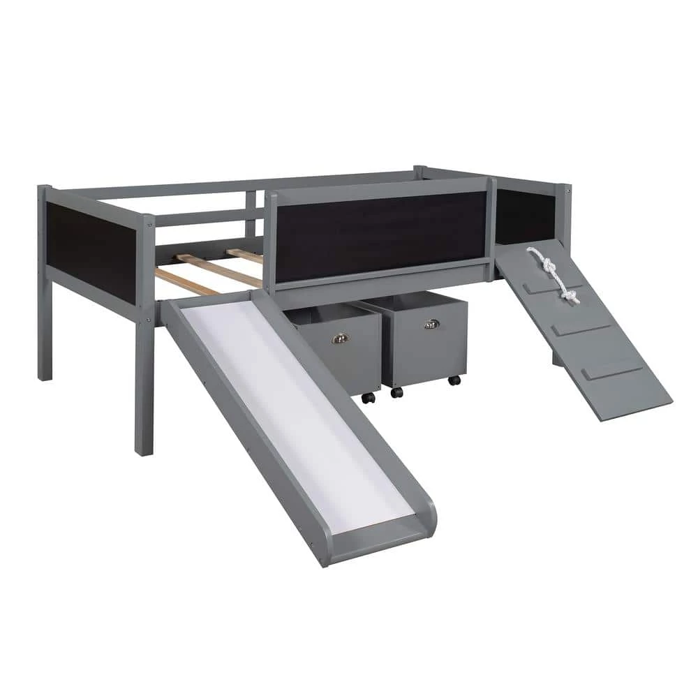 Twin Size Wood Gray Loft Bed with Slide and Climbing Ladder, Low Kid Loft Bed with Storage Boxes and Chalk Board by ANBAZAR 6 Twin Size Wood Gray Loft Bed with Slide and Climbing Ladder, Low Kid Loft Bed with Storage Boxes and Chalk Board by ANBAZAR - Image 6