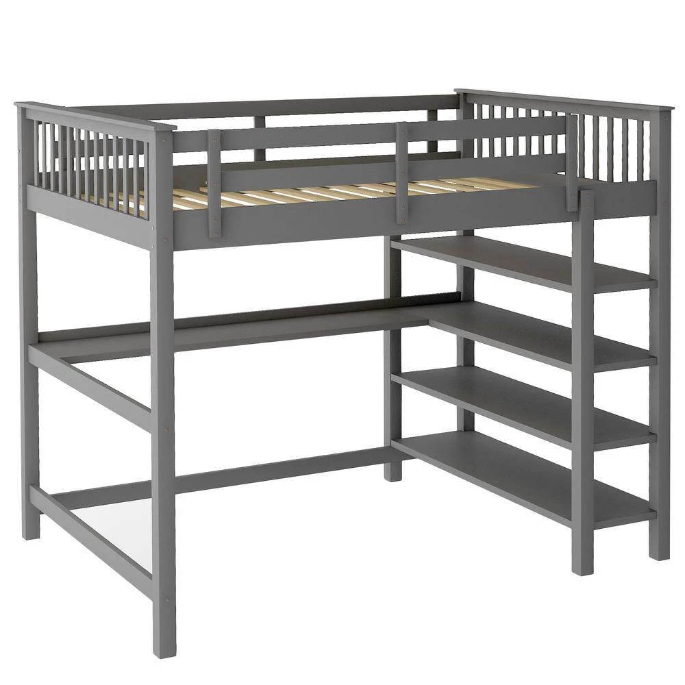 Gray Full Size Loft Bed with Desk and Storage Shelves, Wood Full Loft Bed Frame with Bookcase and Guard Rail for Kids by ANBAZAR 6 Gray Full Size Loft Bed with Desk and Storage Shelves, Wood Full Loft Bed Frame with Bookcase and Guard Rail for Kids by ANBAZAR - Image 6