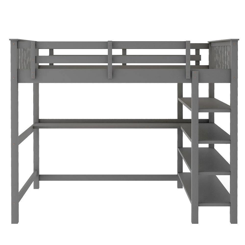 Gray Full Size Loft Bed with Desk and Storage Shelves, Wood Full Loft Bed Frame with Bookcase and Guard Rail for Kids by ANBAZAR 4 Gray Full Size Loft Bed with Desk and Storage Shelves, Wood Full Loft Bed Frame with Bookcase and Guard Rail for Kids by ANBAZAR - Image 4